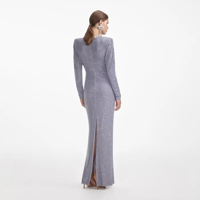Dresses Women Self Portrait Grey Rhinestone Fishnet Maxi Dress