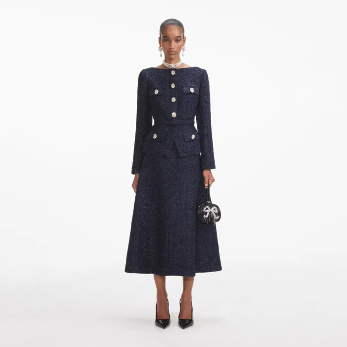 Dresses Women Self Portrait Navy Metallic Boucle Midi Dress