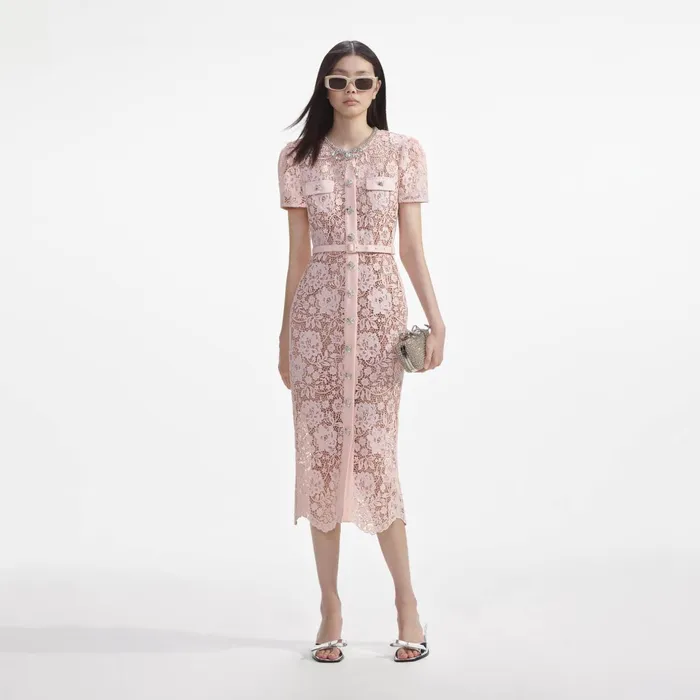 Dresses Women Self Portrait Pink Lace Diamante Bow Midi Dress