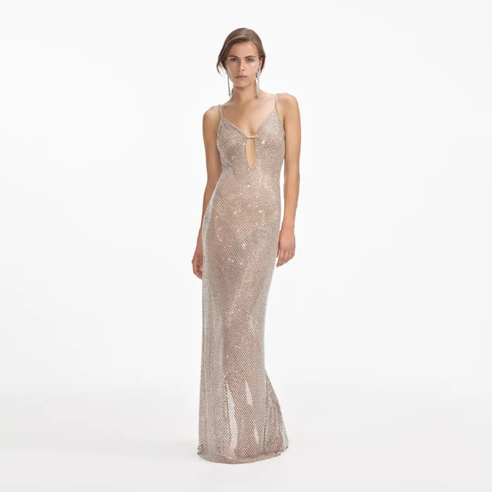 Dresses Women Self Portrait Silver Rhinestone Fishnet Maxi Dress