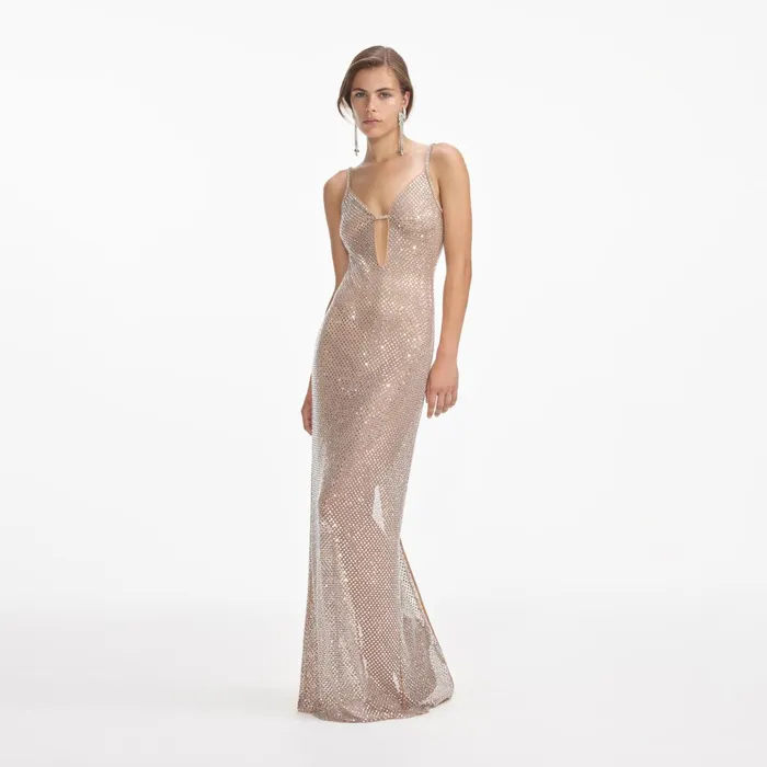 Dresses Women Self Portrait Silver Rhinestone Fishnet Maxi Dress