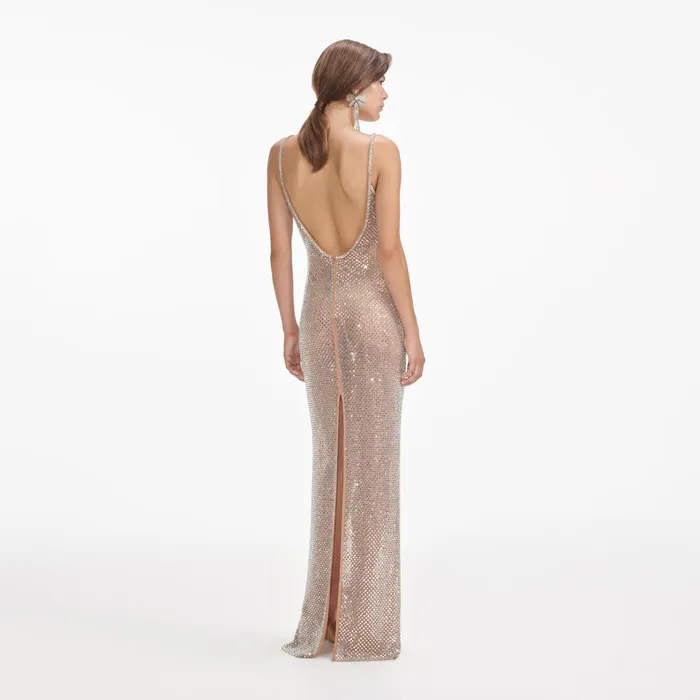 Dresses Women Self Portrait Silver Rhinestone Fishnet Maxi Dress