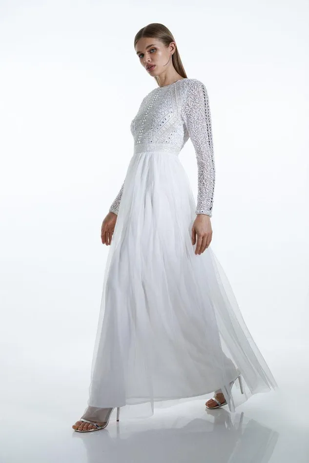 Embellished Bodice Tulle Skirt Woven Maxi Dress Ivory Women Karen Millen Dresses