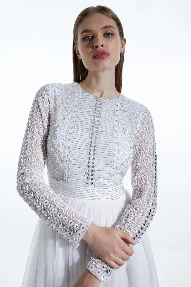 Embellished Bodice Tulle Skirt Woven Maxi Dress Ivory Women Karen Millen Dresses