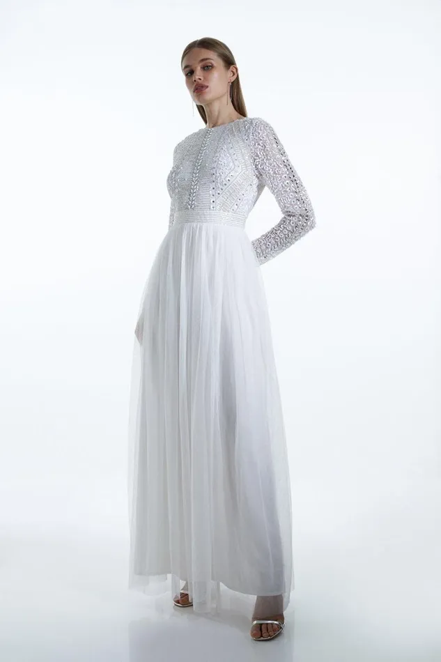 Embellished Bodice Tulle Skirt Woven Maxi Dress Ivory Women Karen Millen Dresses