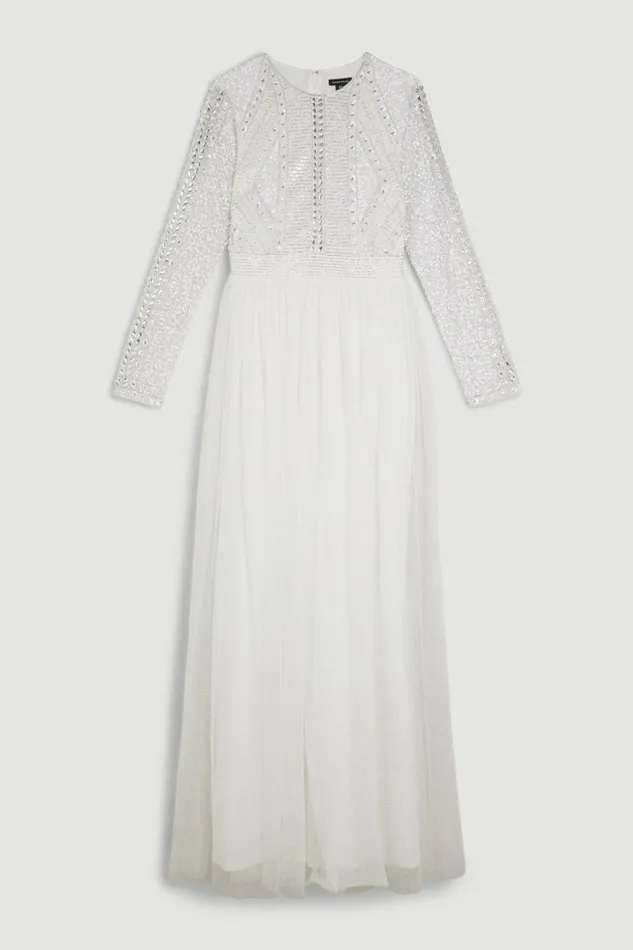 Embellished Bodice Tulle Skirt Woven Maxi Dress Ivory Women Karen Millen Dresses
