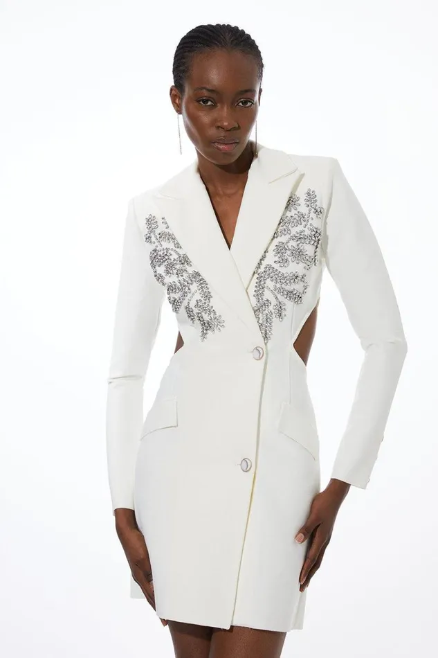 Embellished Figure Form Bandage Cut Out Back Blazer Dress Cream Women Karen Millen Dresses Embellished Figure Form Bandage Cut Out Back Blazer Dress Cream Women Karen Millen Dresses
