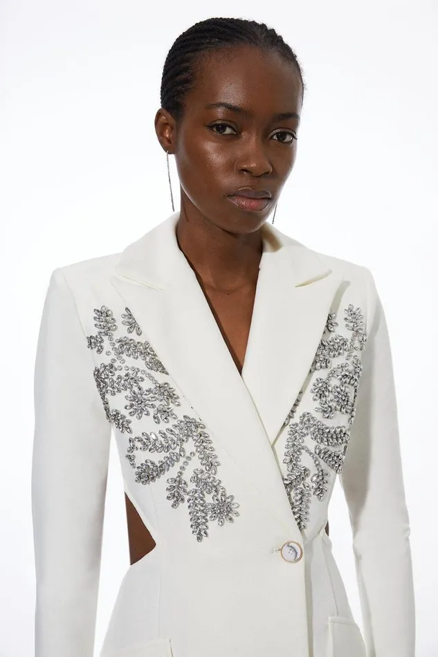 Embellished Figure Form Bandage Cut Out Back Blazer Dress Cream Women Karen Millen Dresses