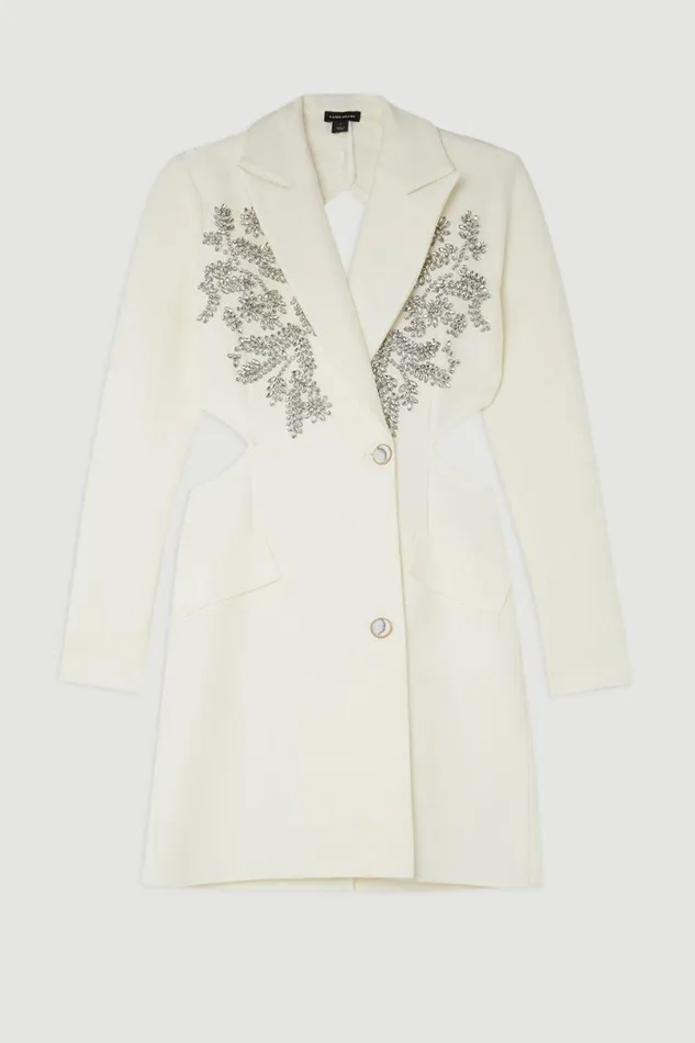Embellished Figure Form Bandage Cut Out Back Blazer Dress Cream Women Karen Millen Dresses