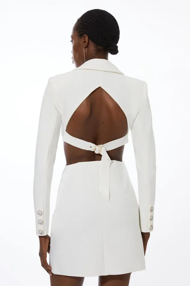 Embellished Figure Form Bandage Cut Out Back Blazer Dress Cream Women Karen Millen Dresses