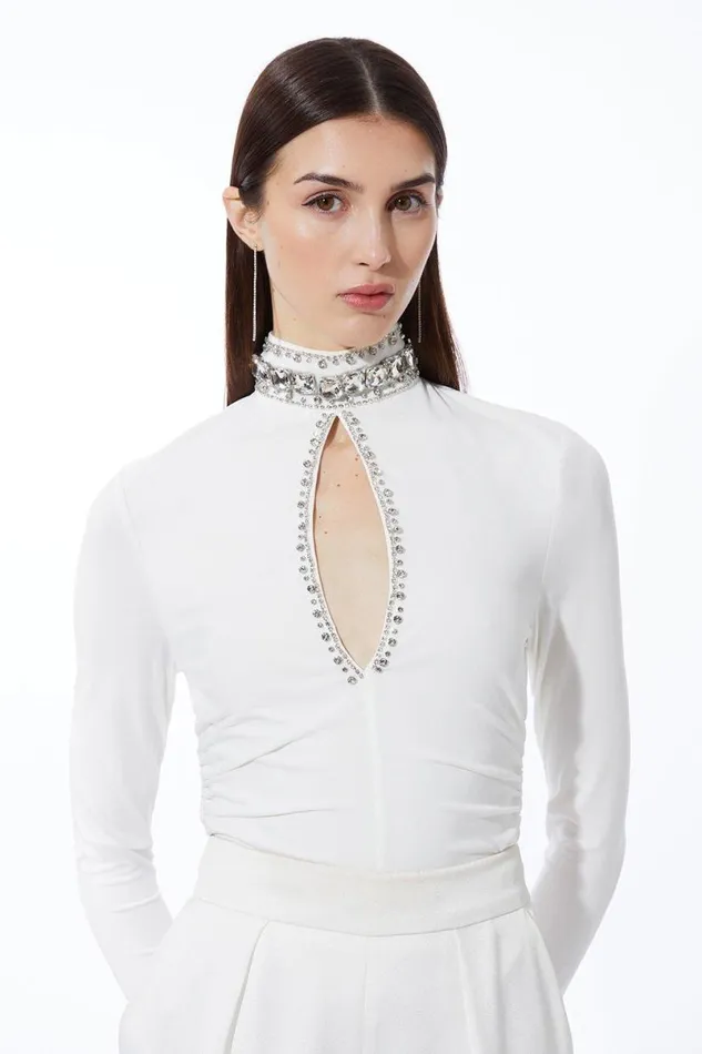 Embellished Jersey Crepe Keyhole Bodysuit Ivory Women Karen Millen Tops