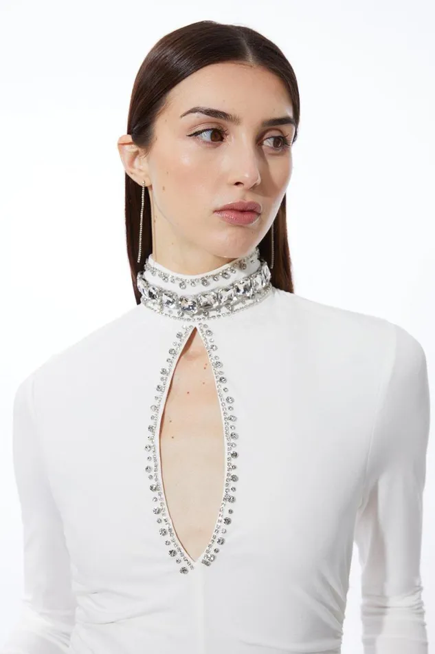 Embellished Jersey Crepe Keyhole Bodysuit Ivory Women Karen Millen Tops