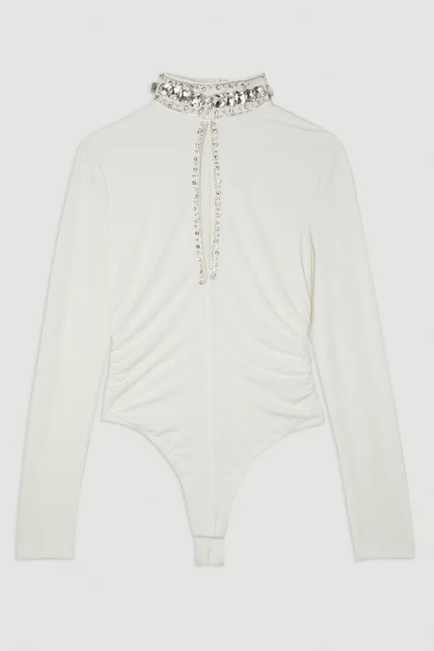 Embellished Jersey Crepe Keyhole Bodysuit Ivory Women Karen Millen Tops