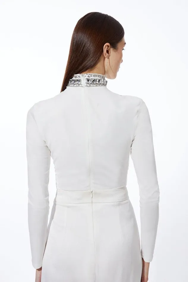 Embellished Jersey Crepe Keyhole Bodysuit Ivory Women Karen Millen Tops