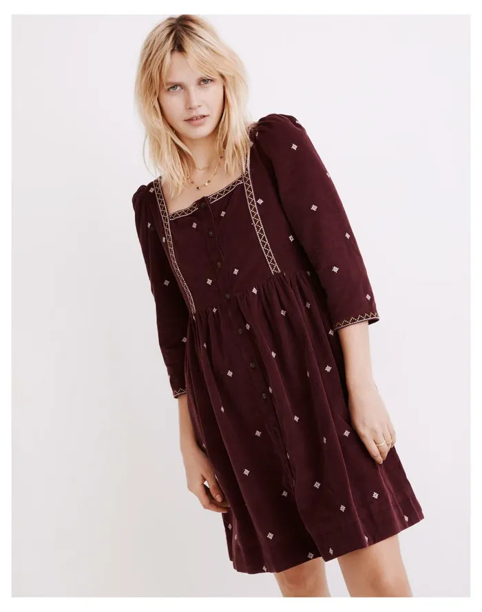 Embroidered Corduroy Button Front Mini Dress Dark Fig Women Madewell Dresses