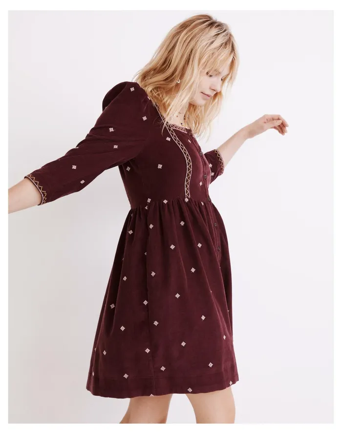 Embroidered Corduroy Button Front Mini Dress Dark Fig Women Madewell Dresses Embroidered Corduroy Button Front Mini Dress Dark Fig Women Madewell Dresses