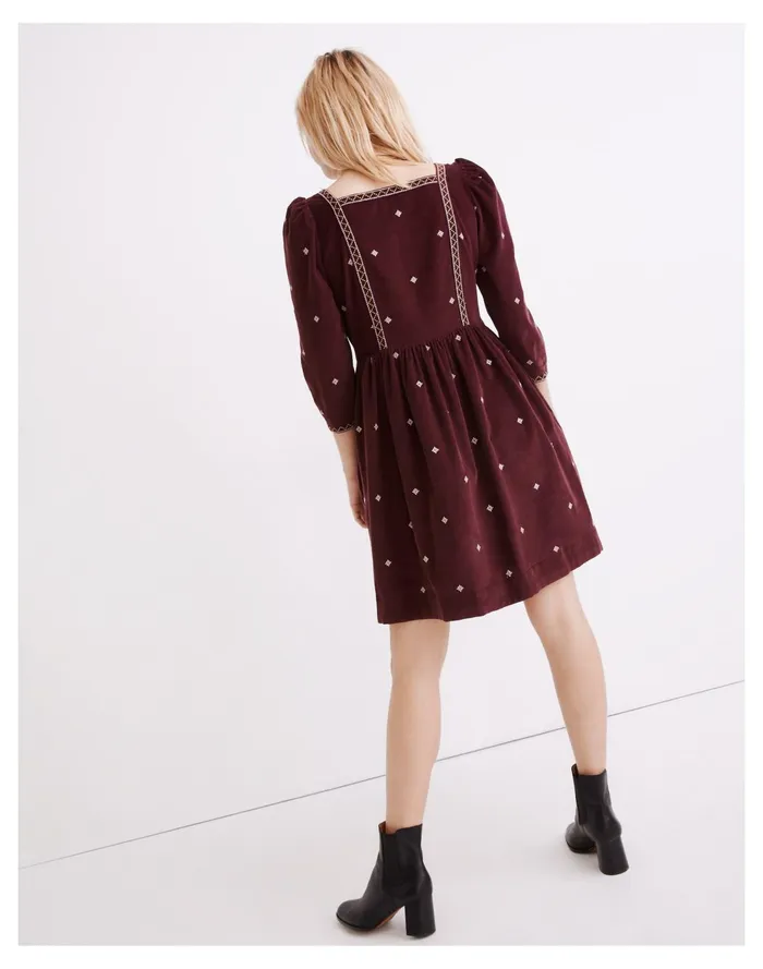 Embroidered Corduroy Button Front Mini Dress Dark Fig Women Madewell Dresses Embroidered Corduroy Button Front Mini Dress Dark Fig Women Madewell Dresses