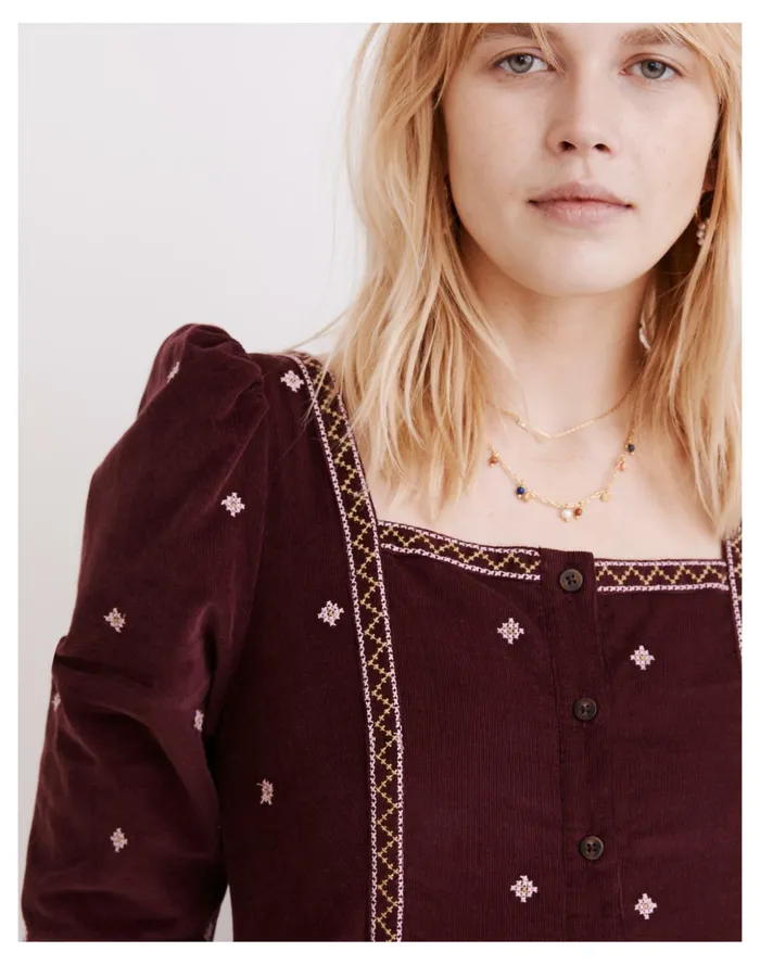 Embroidered Corduroy Button Front Mini Dress Dark Fig Women Madewell Dresses Embroidered Corduroy Button Front Mini Dress Dark Fig Women Madewell Dresses