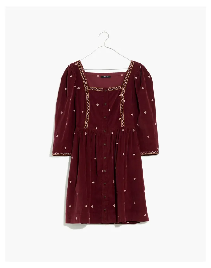 Embroidered Corduroy Button Front Mini Dress Dark Fig Women Madewell Dresses Embroidered Corduroy Button Front Mini Dress Dark Fig Women Madewell Dresses