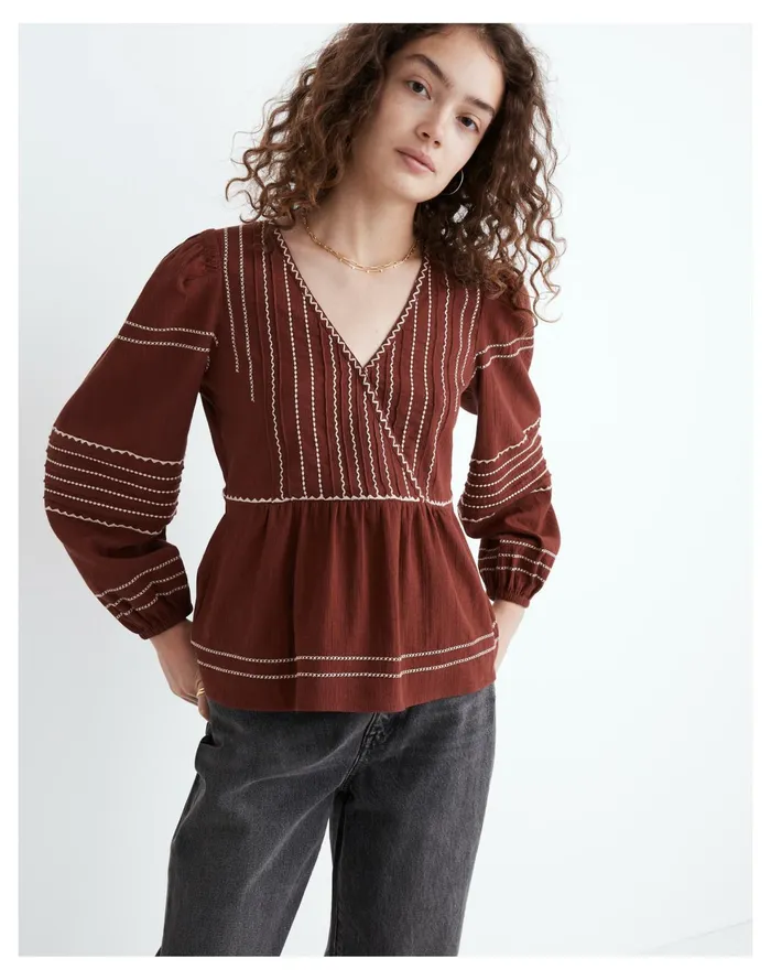 Embroidered Faux Wrap Top Rusted Burgundy Women Madewell Tops and Shirts