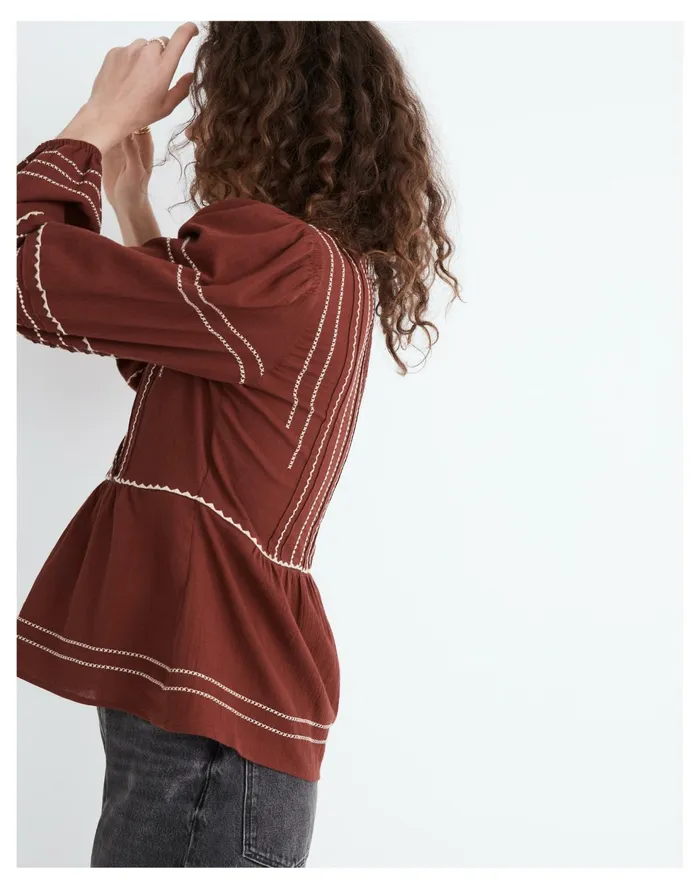 Embroidered Faux Wrap Top Rusted Burgundy Women Madewell Tops and Shirts Embroidered Faux Wrap Top Rusted Burgundy Women Madewell Tops and Shirts