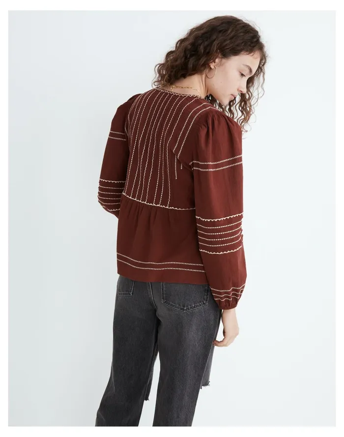 Embroidered Faux Wrap Top Rusted Burgundy Women Madewell Tops and Shirts Embroidered Faux Wrap Top Rusted Burgundy Women Madewell Tops and Shirts