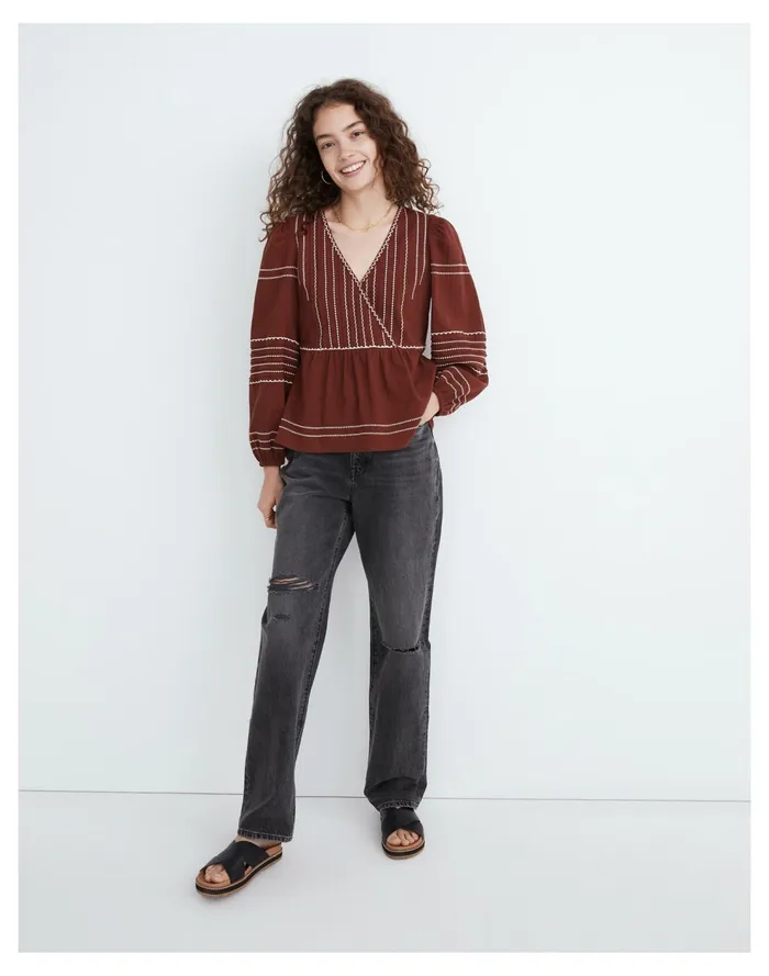 Embroidered Faux Wrap Top Rusted Burgundy Women Madewell Tops and Shirts Embroidered Faux Wrap Top Rusted Burgundy Women Madewell Tops and Shirts