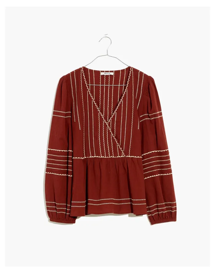 Embroidered Faux Wrap Top Rusted Burgundy Women Madewell Tops and Shirts Embroidered Faux Wrap Top Rusted Burgundy Women Madewell Tops and Shirts