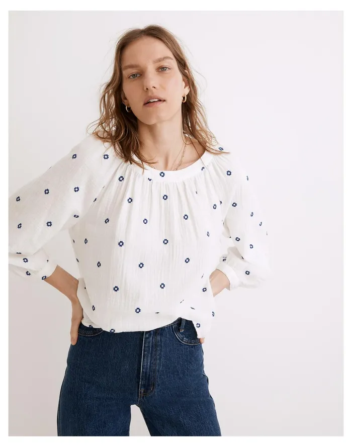 Embroidered Lightspun Wide Neck Cuffed Sleeve Top Saratoga Blue Women Madewell Tops and Shirts Embroidered Lightspun Wide Neck Cuffed Sleeve Top Saratoga Blue Women Madewell Tops and Shirts