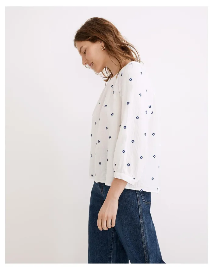Embroidered Lightspun Wide Neck Cuffed Sleeve Top Saratoga Blue Women Madewell Tops and Shirts Embroidered Lightspun Wide Neck Cuffed Sleeve Top Saratoga Blue Women Madewell Tops and Shirts