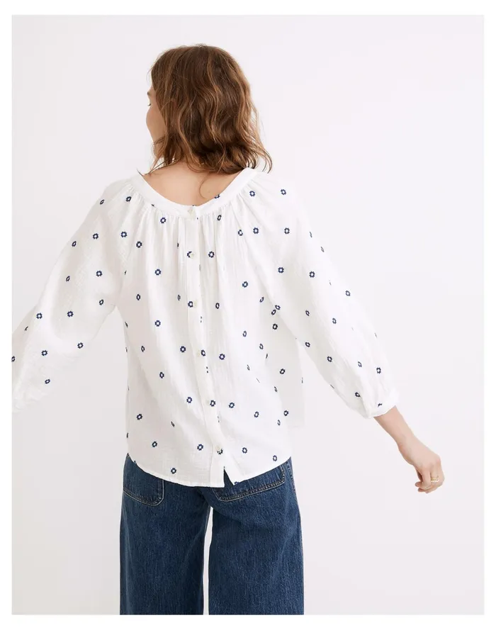 Embroidered Lightspun Wide Neck Cuffed Sleeve Top Saratoga Blue Women Madewell Tops and Shirts Embroidered Lightspun Wide Neck Cuffed Sleeve Top Saratoga Blue Women Madewell Tops and Shirts