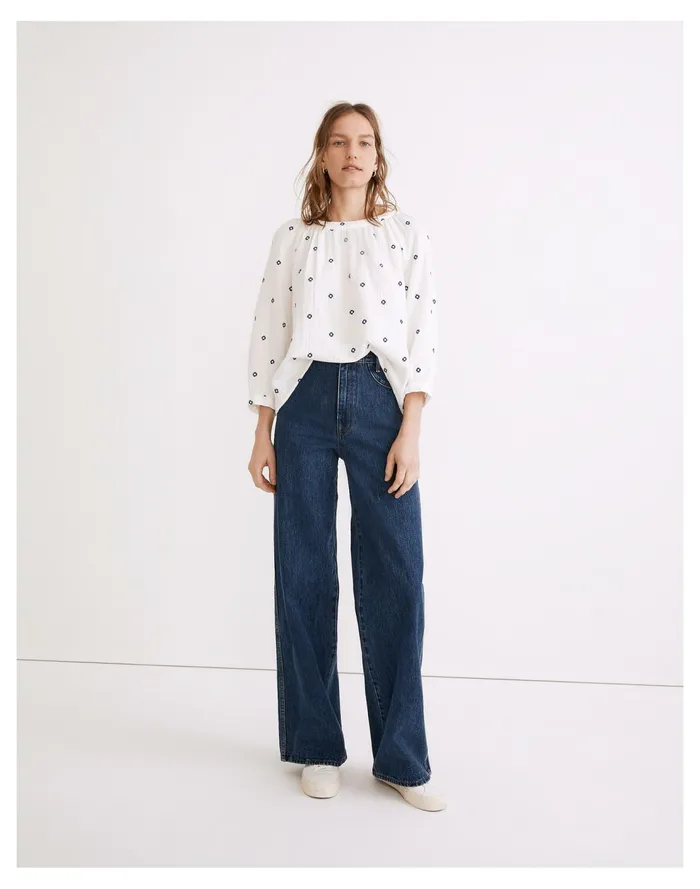 Embroidered Lightspun Wide Neck Cuffed Sleeve Top Saratoga Blue Women Madewell Tops and Shirts Embroidered Lightspun Wide Neck Cuffed Sleeve Top Saratoga Blue Women Madewell Tops and Shirts