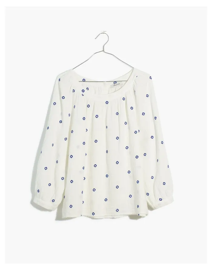 Embroidered Lightspun Wide Neck Cuffed Sleeve Top Saratoga Blue Women Madewell Tops and Shirts Embroidered Lightspun Wide Neck Cuffed Sleeve Top Saratoga Blue Women Madewell Tops and Shirts
