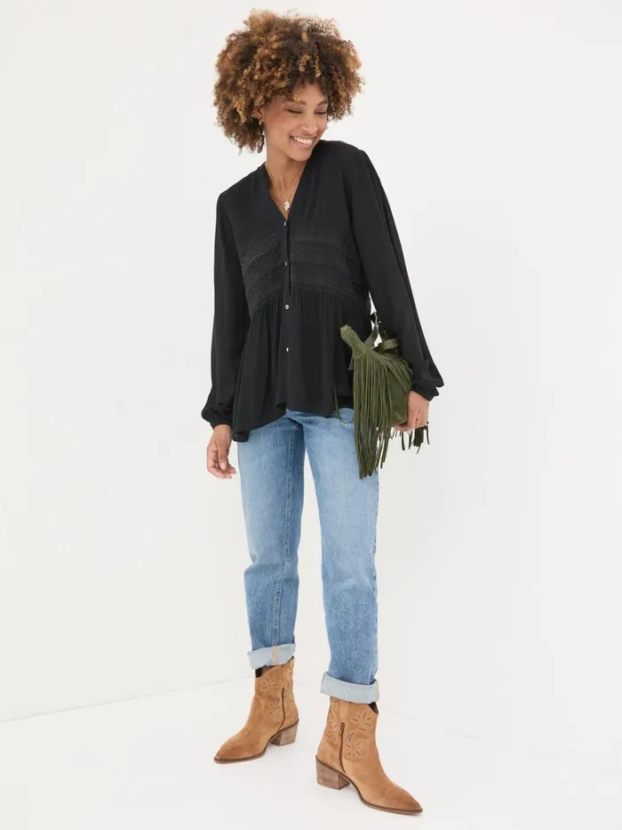 Fat Face Black Lou Embroidered Blouse Women Shirts and Blouses