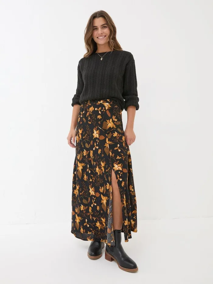 Fat Face Black Willa Floral Skirt Women Skirts