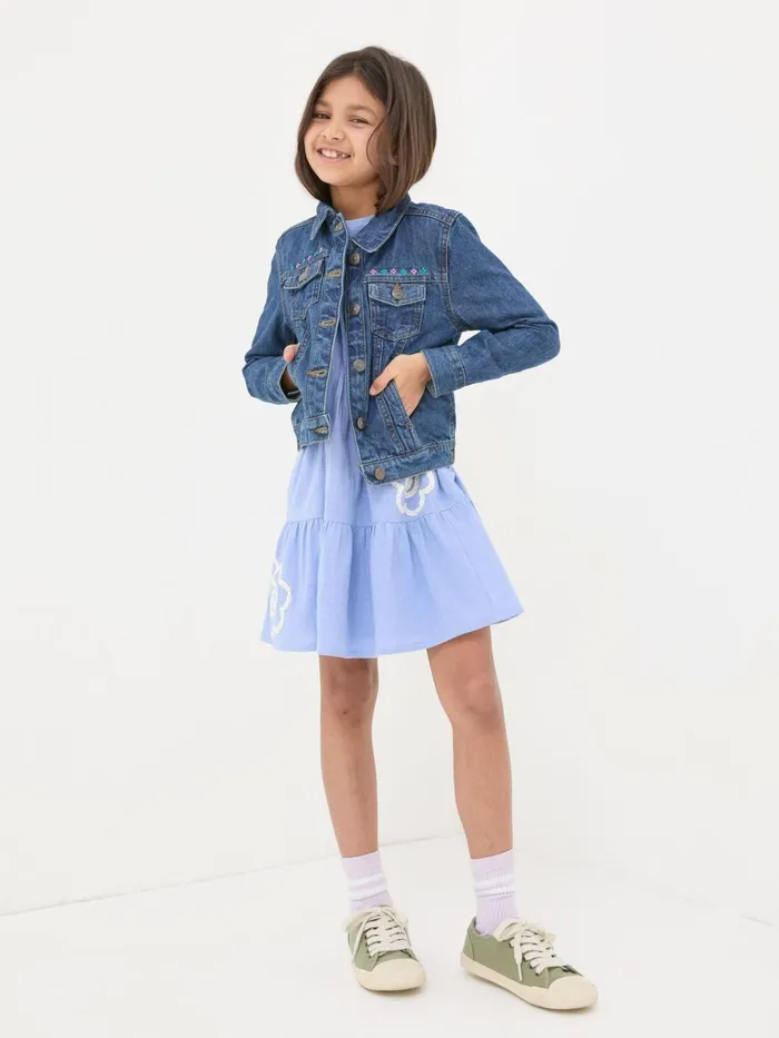 Fat Face Blue Embroidered Denim Jacket Kids Coats and Jackets