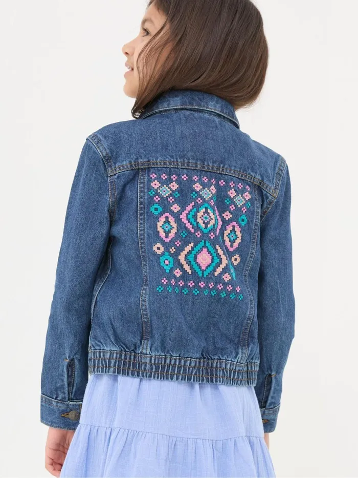 Fat Face Blue Embroidered Denim Jacket Kids Coats and Jackets