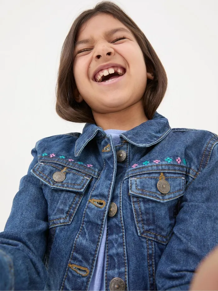 Fat Face Blue Embroidered Denim Jacket Kids Coats and Jackets
