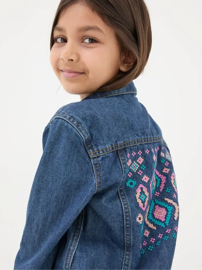 Fat Face Blue Embroidered Denim Jacket Kids Coats and Jackets