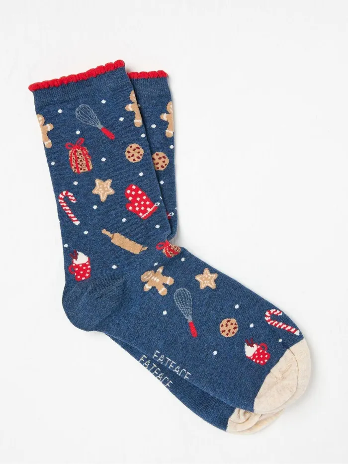 Fat Face Blue Navy Christmas Baking Socks 1 Pack Women Socks and Tights