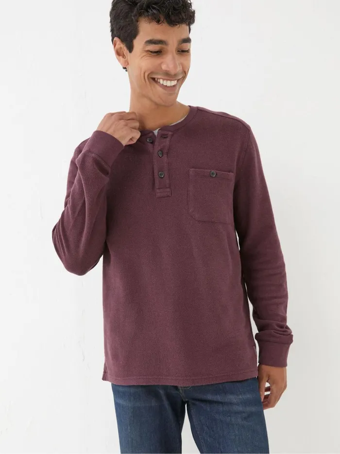 Fat Face Burgundy Red Southbourne Long Sleeve Henley TShirt Men TShirts