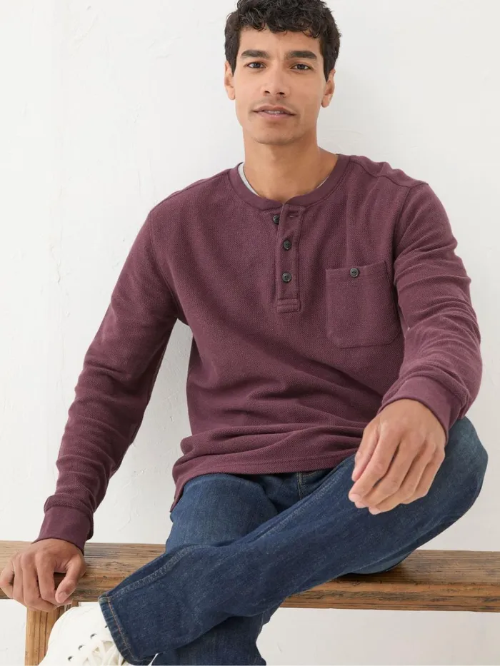 Fat Face Burgundy Red Southbourne Long Sleeve Henley TShirt Men TShirts