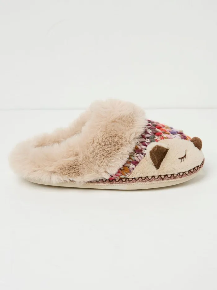 Fat Face Flora Multi Knitted Fox Fur Slippers Women Slippers