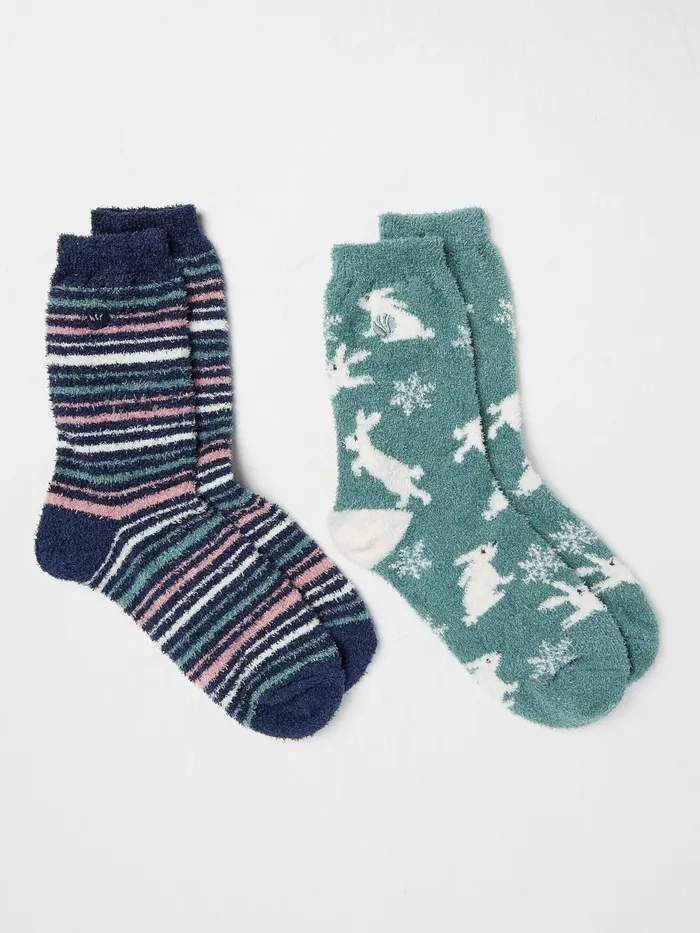 Fat Face Green Cosy Bunny Socks 2 Pack Women Socks and Tights