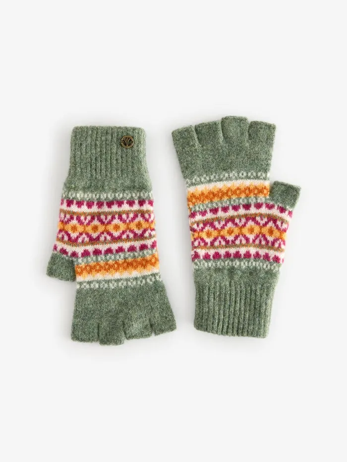 Fat Face Green Lambswool Fairisle Fingerless Gloves Women Gloves