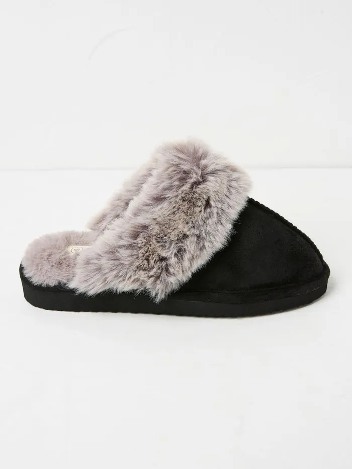 Fat Face Kaia Black Faux Fur Cuff Mules Women Pyjamas and Nightwear