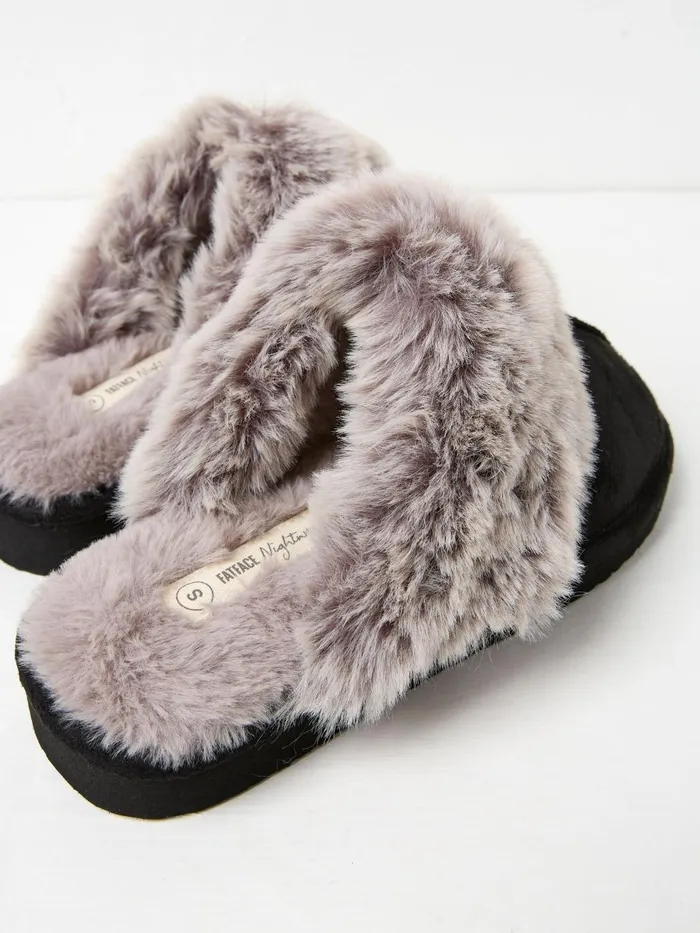 Fat Face Kaia Black Faux Fur Cuff Mules Women Pyjamas and Nightwear