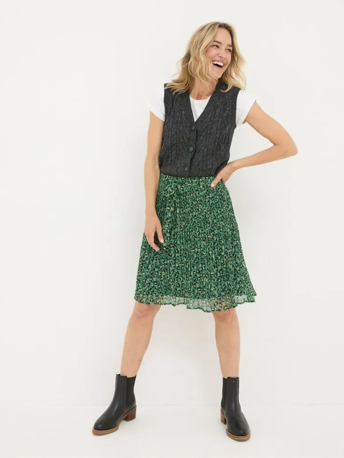 Fat Face Kayleigh Green Floral Marks Pleated Skirt Women Skirts