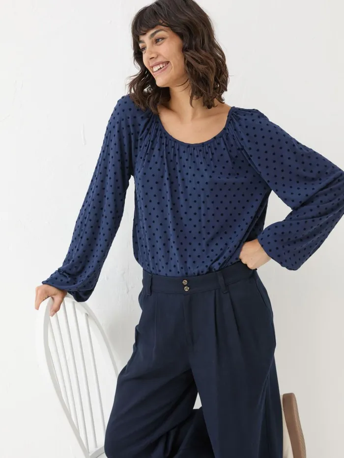 Fat Face Lily Blue Navy Spot Top Women Shirts and Blouses
