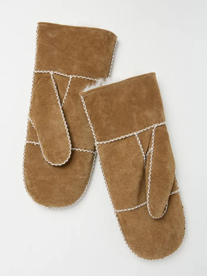 Fat Face Tan Brown Suede Mittens Women Gloves